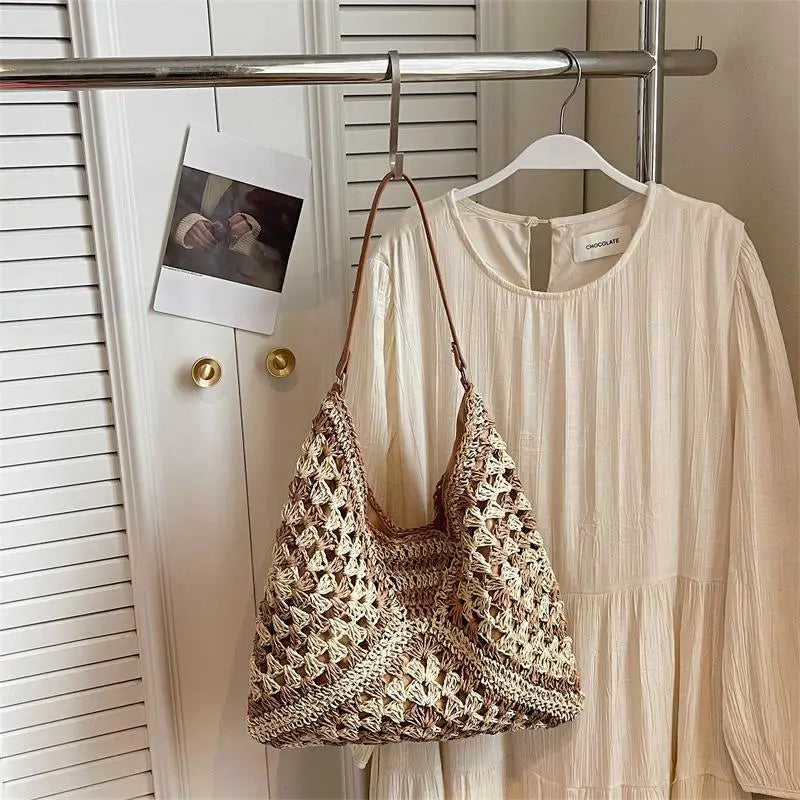 Women's Woven Straw Shoulder Tote: Medium with Handle - Large Capacity Vacation Handbag for Summer Shopping & Travel Qme F