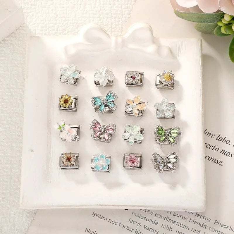 Wholesale Beautiful Flowers Shiny Zircon Bowknot Italian Charm Links Stainless Steel Fit 9mm Bracelet Jewelry Diy Making Gifts Qme