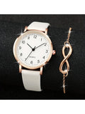 2pcs/set Casual Fashion Quartz Watch Analog PU Leather Wrist Watch & Bracelet, Gifts For Women Her Qme Gold