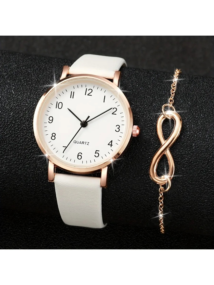 2pcs/set Casual Fashion Quartz Watch Analog PU Leather Wrist Watch & Bracelet, Gifts For Women Her Qme Gold