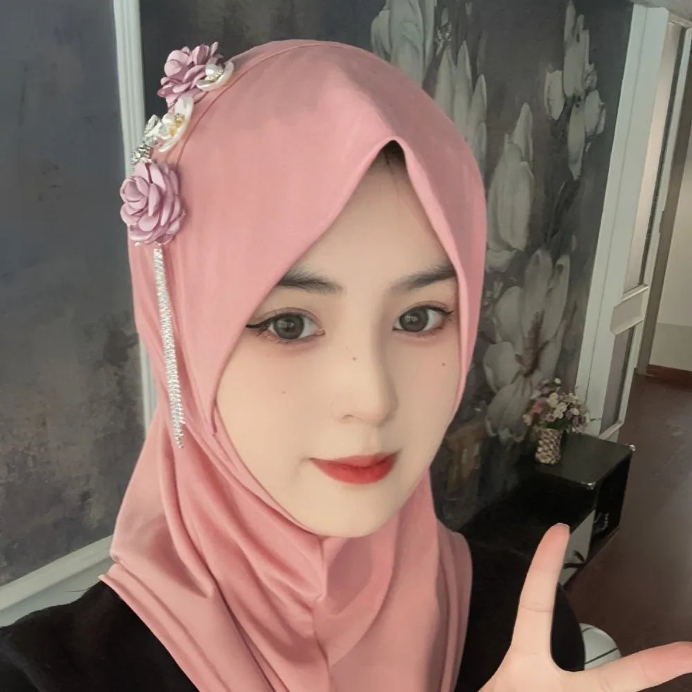 Round Neck Elastic Flower Tassel Hijab Cap Breathable Solid Color Pre-Tied Headscarf Soft Fabric Polyester Head Wrap Home Qme
