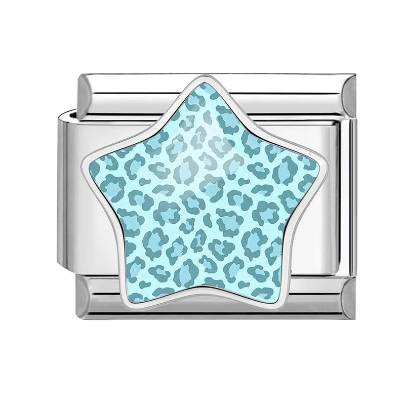 3D Inlay Stars Cute Zebra Stripe Stars Pink Blue Leopard Print Italian Charm Links Fit 9mm Stainless Steel Bracelet DIY Making Qme Style 22