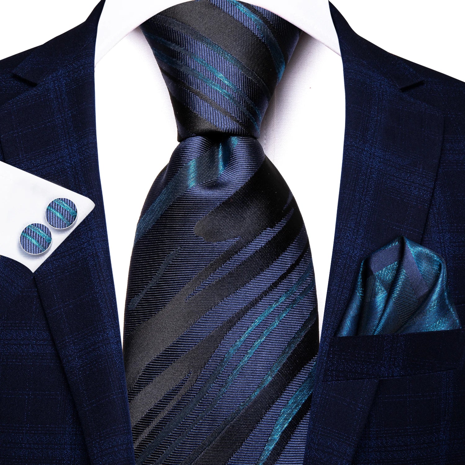 Black Green Striped Ties Men Wedding Accessories Mens Necktie Pocket Qme N-3425