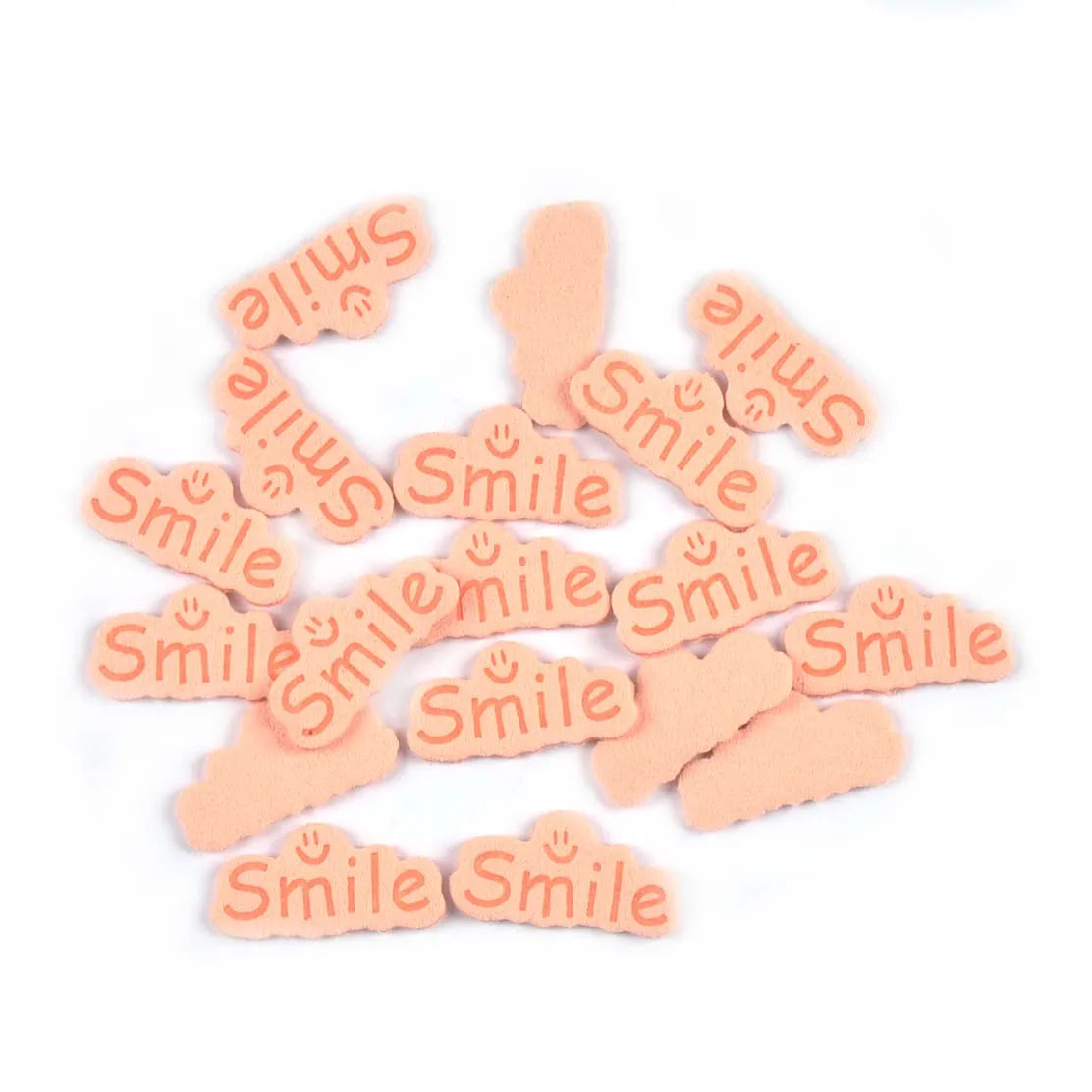 30pcs 14.5x29mm Smile Letter Embossed Leather Labels For Clothes Sewing Accessories DIY Bag Kid Garment Craft Handmade Tag C3707 Qme 2