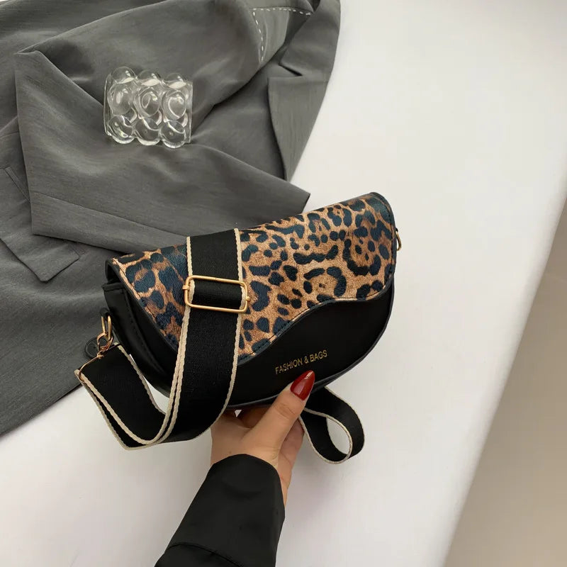 Boho Leopard Print Crossbody Bag Women Summer 2026 Trendy Wide Strap Qme BLACK L