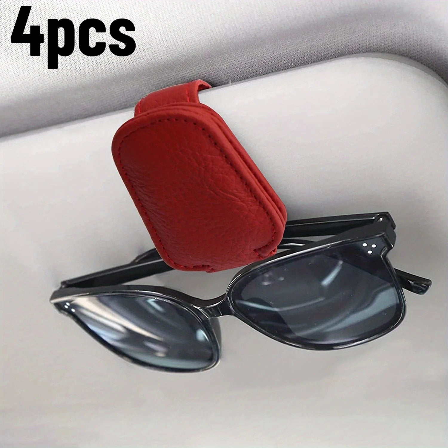 4pcs Sunglasses Holders For Car, Magnetic Genuine Leather Sunglasses Clip For Car Visor, Car Interior Visor Accessories Qme Red