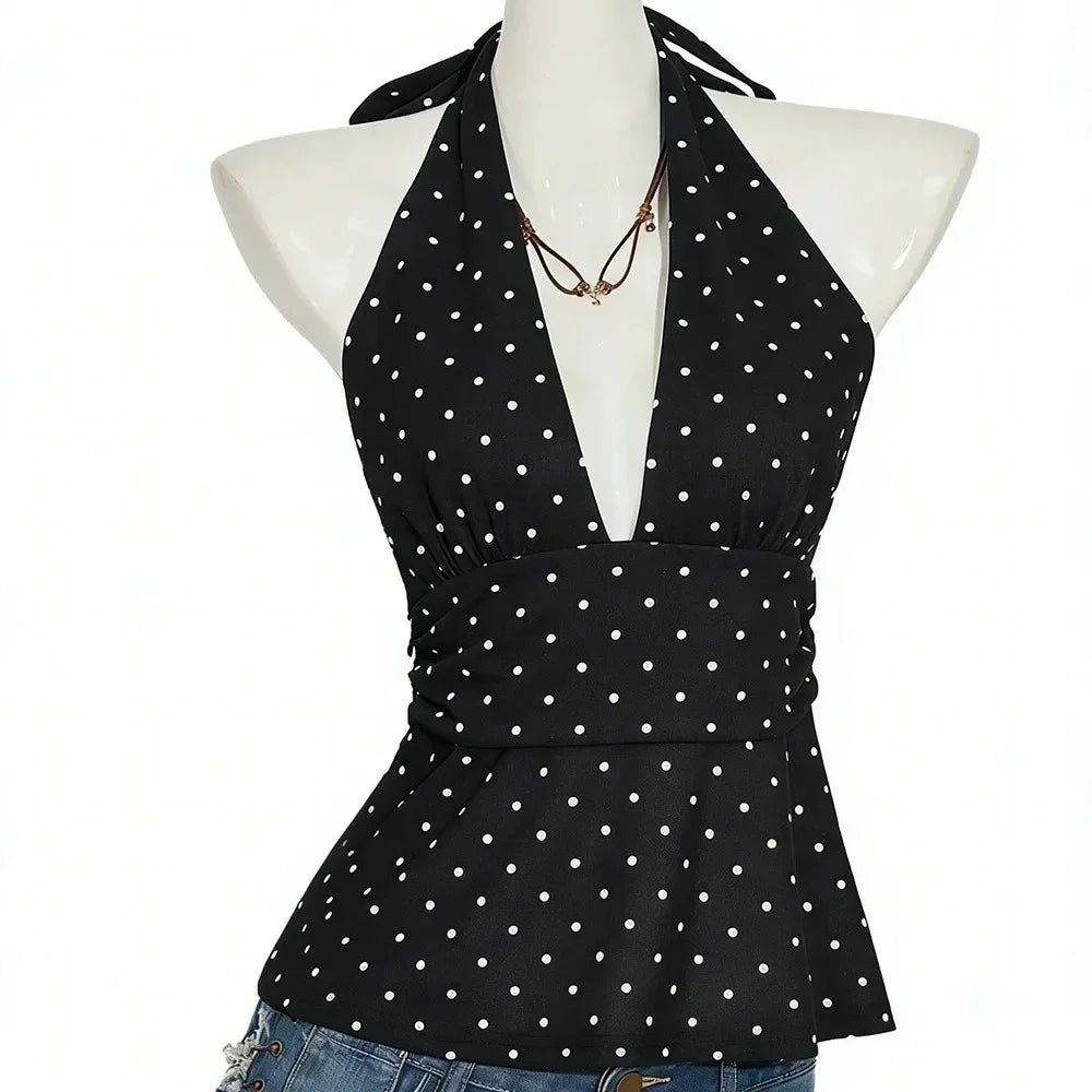 Fashion Sleeveless Women Crop Pleated Y2k Lace-up Dots Camisole Beach Qme Black Dots M