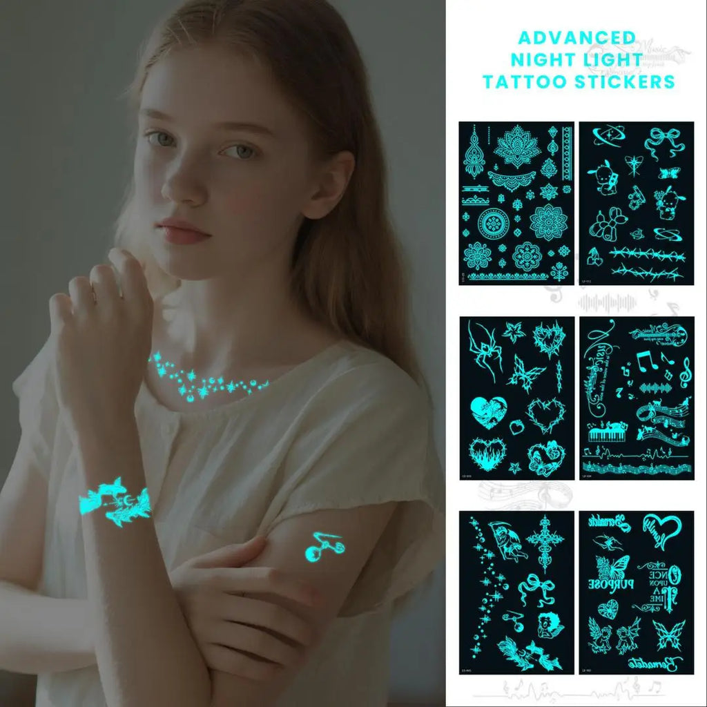 A 6/9pcs Blue Luminous Waterproof Temporary Tattoo Sticker Geometric Butterfly Flower Moon Women Men Arm Body Art Fake Tattoos Qme