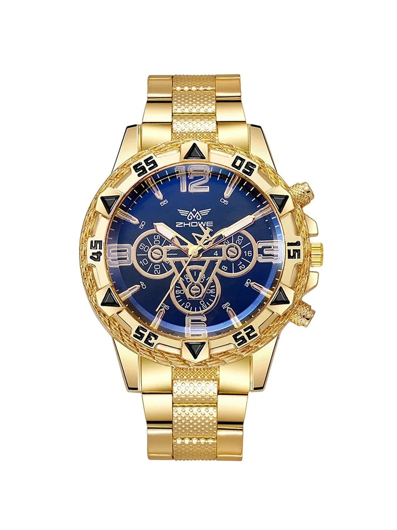 Large dial gold watch, blue light men's watch, men's watch, steel strap quartz watch Qme Coffee