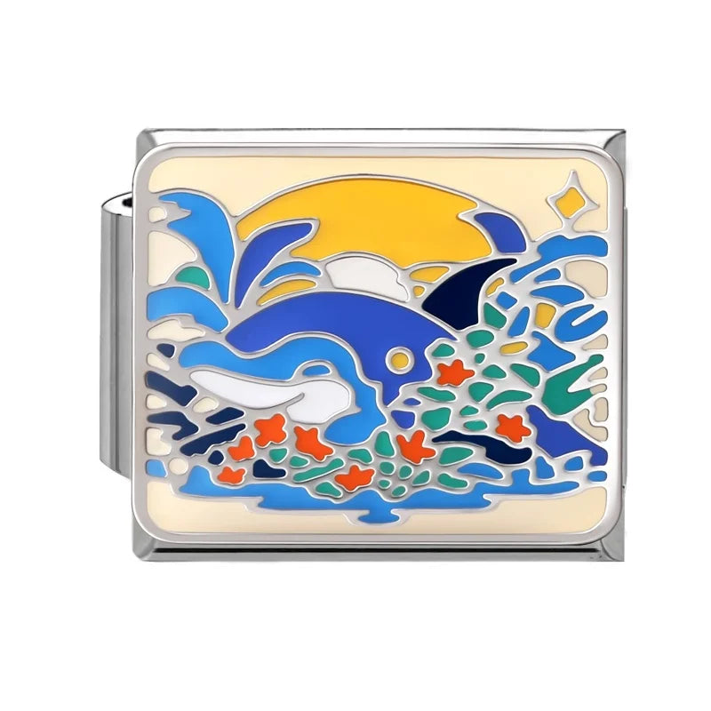 2026 New Summer Ocean Theme Crab Fish Italian Charms Link 9mm Golden Modular Bracelet Stainless Steel DIY Gift Jewelry Wholesale Qme Style 11