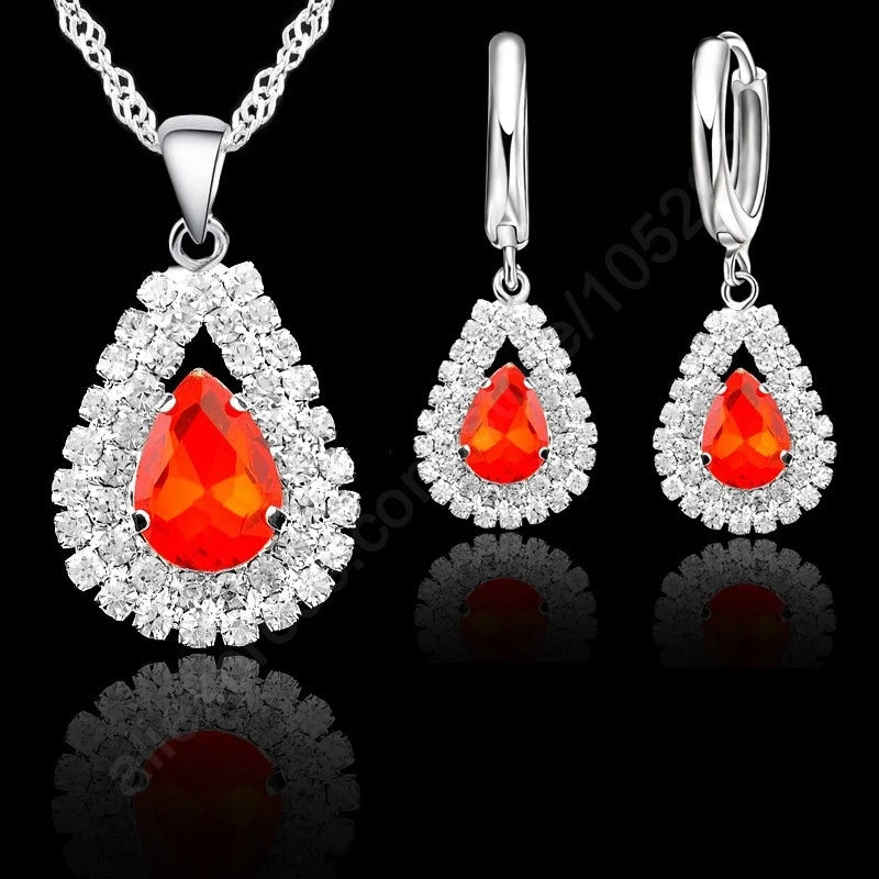 Hot Sale Bridal Jewelry Set 925 Sterling Silver Color Austrian Crystal Water Drop Necklaces Hoop Earring Women Party Engagement Qme 004
