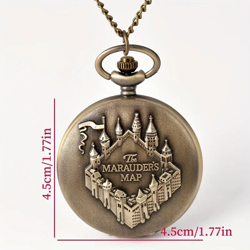 Vintage Castle Embossed Marauder Map Pocket Watch with Bronze Chain - A Timeless Accessory! Qme