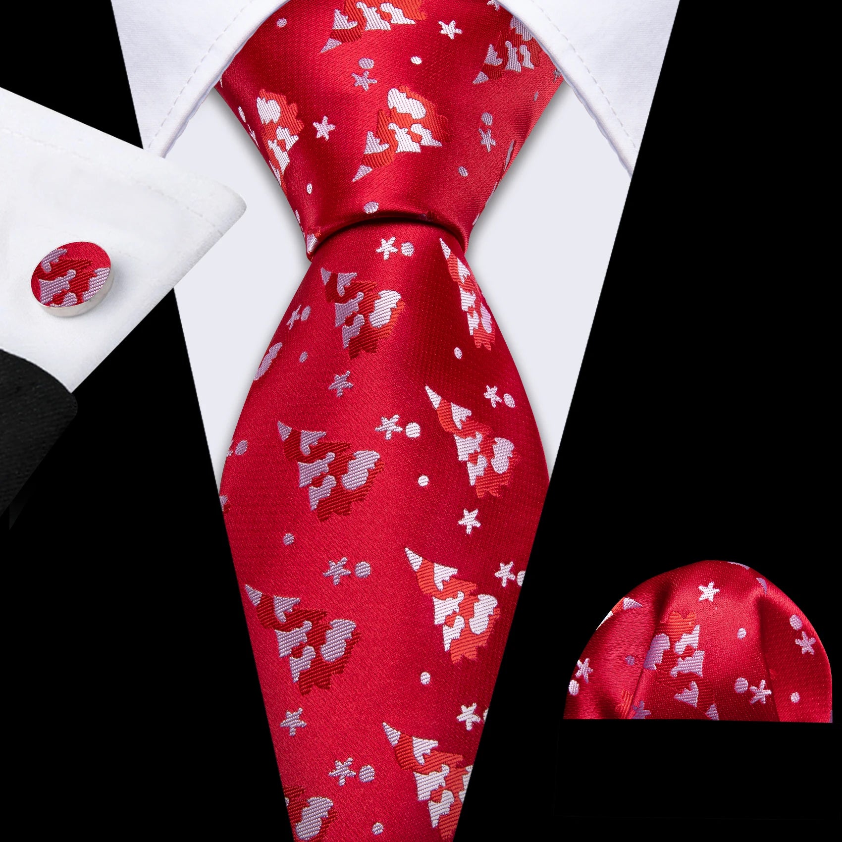 Christmas Red Tie Set 3 Pieces Men Necktie Pocket Square Cufflinks Xmas Wedding Party Suit Accessories Gifts for silk Boyfriend Qme LDSN6566