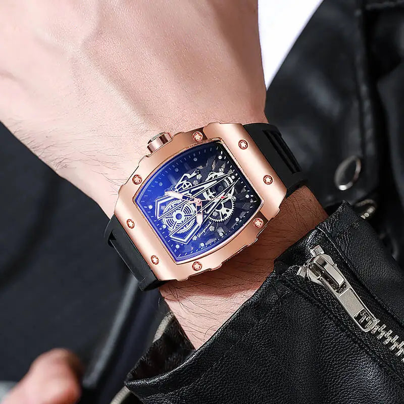 Hollow-out Richard Barrel-shaped Quartz Watch Men Silicone Strap Qme