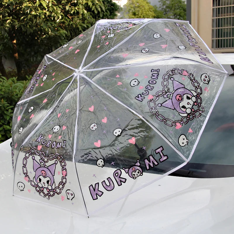 Hello Kitty Kuromi Cartoon Transparent Umbrella Fully Automatic Folding Thickened Three-Fold Student Umbrella Qme 5 Manual