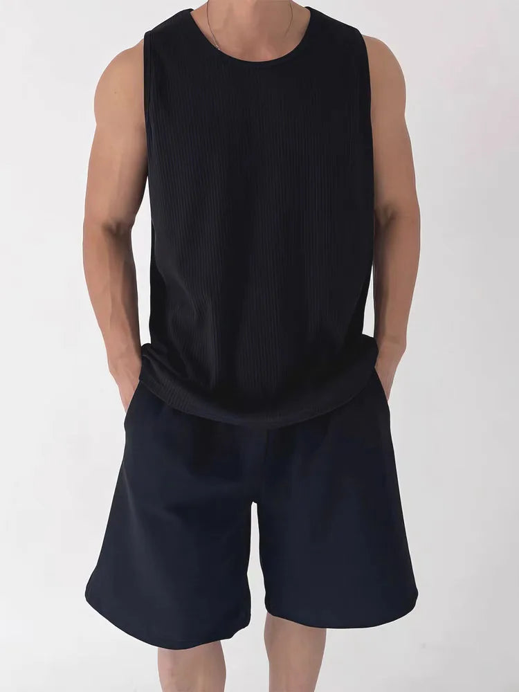 U-shaped Large Neckline Vest Men's Pleated Textured Loose Sleeveless Qme black XL