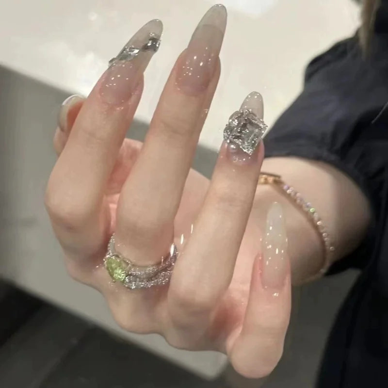 Brazil Translucent Gray Rhinestone Decor Press On Nails Minimal Cold Sense Stylish European American Removable False Nails Qme