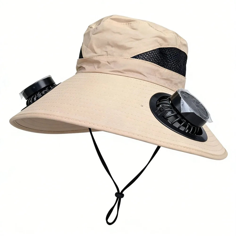 Convenient Dual Fan Solar Hat Breathable 3 Speeds Summer Visor Cap Qme Beige Round