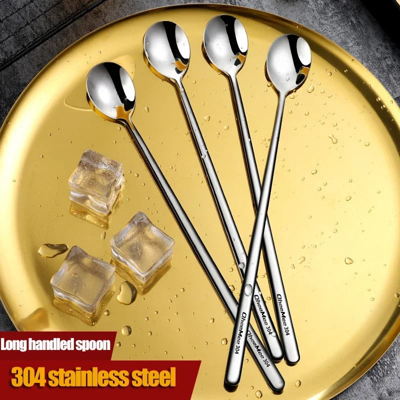 Stainless Steel Long Handled Spoon Teaspoon Coffee Stirring Spoon Ice Cream Honey Dessert Spoon Kitchen Tableware Qme