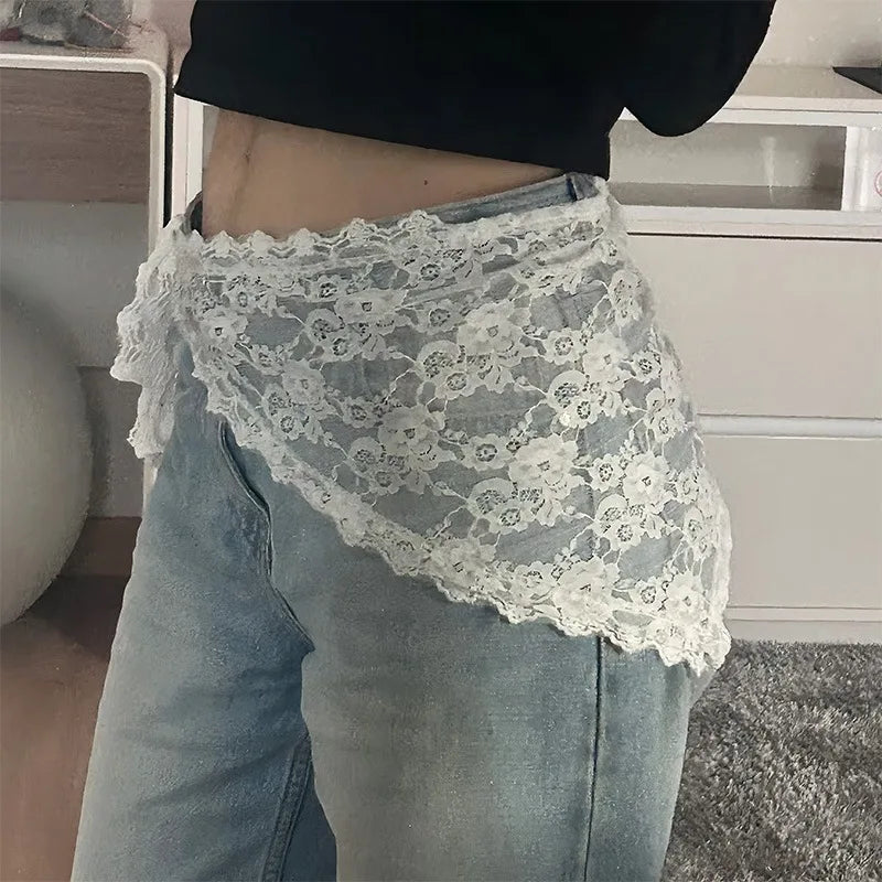 Y2K Women Lace Flower Elegant Skirt Stacked Belt Flower Sweet Triangle Scarf Breathable Travel Photo Headband Turban Accessories Qme