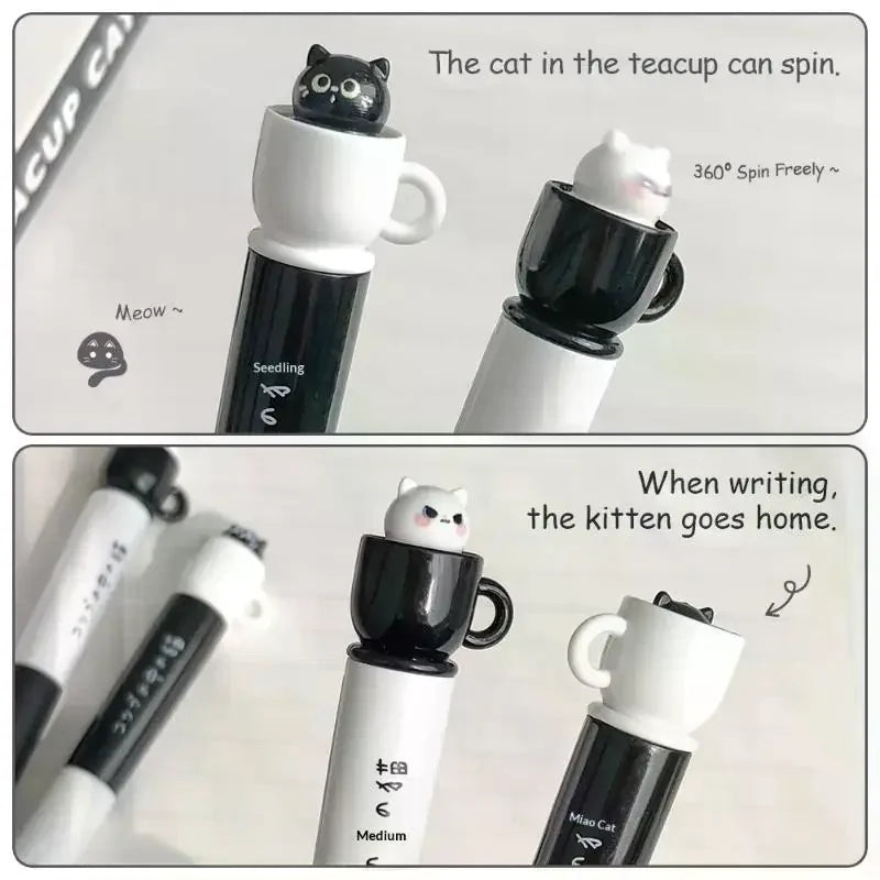 Cute Teacup Cat Gel Pens Fun Animal Quick Dry Pen Creative Rotating Qme