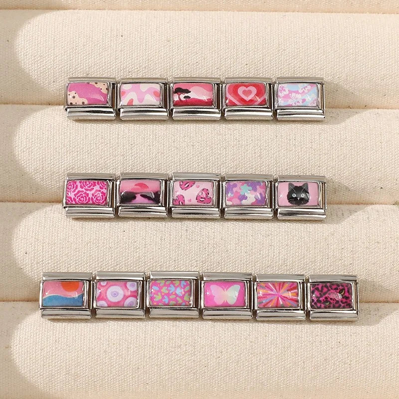 Fashion Pink Love Heart Leopard Print Butterfly Italian Charm Links Fit 9mm Stainless Steel Bracelet Jewelry DIY Making Beads Qme