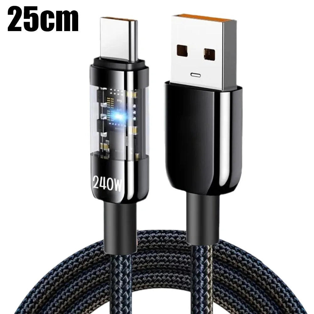 240W 10A Quick Charging USB C Cable Nylon Braided Transparent USB To Type C Quick Charge Data Cord for Samsung Huawei Data Line Qme 0.25m