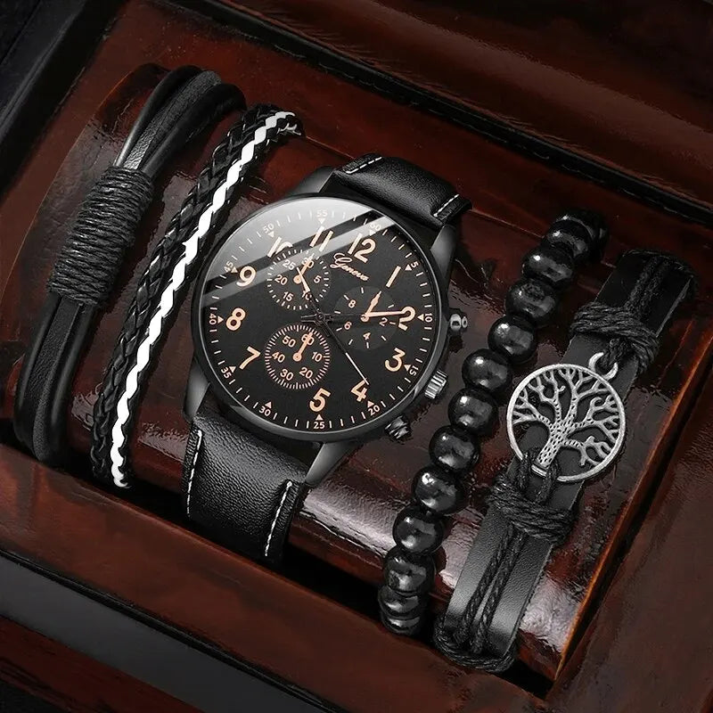 2026 Men's quartz casual three eye PU leather watch fashionable and versatile quartz business watch set Qme black