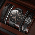 2026 Men's quartz casual three eye PU leather watch fashionable and versatile quartz business watch set Qme black