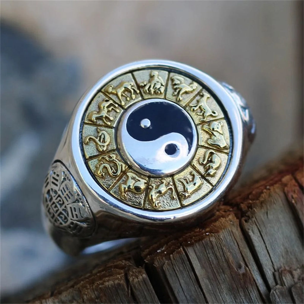 Classic Yin Yang Tai Chi Ring Zodiac Qian Kun Bagua Rotatable Adjustable Opening Finger Ring Lucky Auspicious Jewelry Gift Qme
