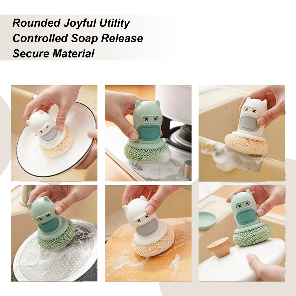 Dish Brush Soap Dispenser Kitchen Press Scrub Sponge Cookware Qme