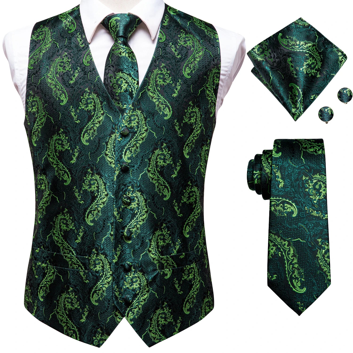 Mens Suit Vest Tie Hanky Cufflinks Jacquard Floral Paisley Waistcoat Qme