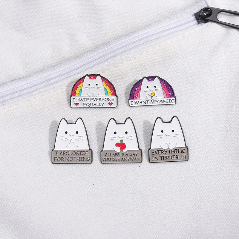 Cute Rainbow Cat Enamel Pins I HATE EVERYONE EQUALLY Funny Kitten Brooches Lapel Metal Badge Backpack Jewelry Pins Wholesale Qme