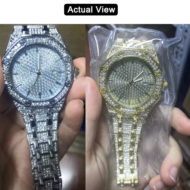 Men's Iced Watch Men's Gold Watch Hip Hop Fashion Cool Bling Gold Diamond Luxury Men's Watch Direct Delivery Relogio Qme