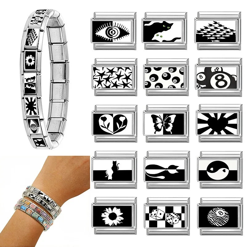 2026 Women's Black Heart Tulip FlowerS Cats Taichi 8 Ball Italian Charms Bracelets Fit 9mm Stainless Steel Bracelet Jewelry Gift Qme