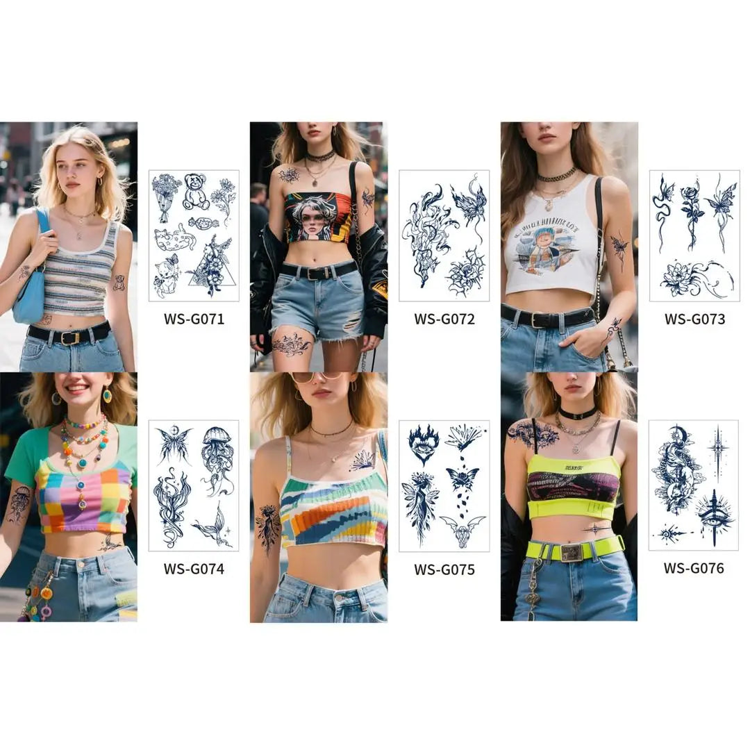 A 4/6pcs Disposable Small Tattoo Stickers for Women Men Flowers Moon Heart Temporary Tattoos for Hand Chest Wrists Body Art Qme 64pcs WS-G071G076