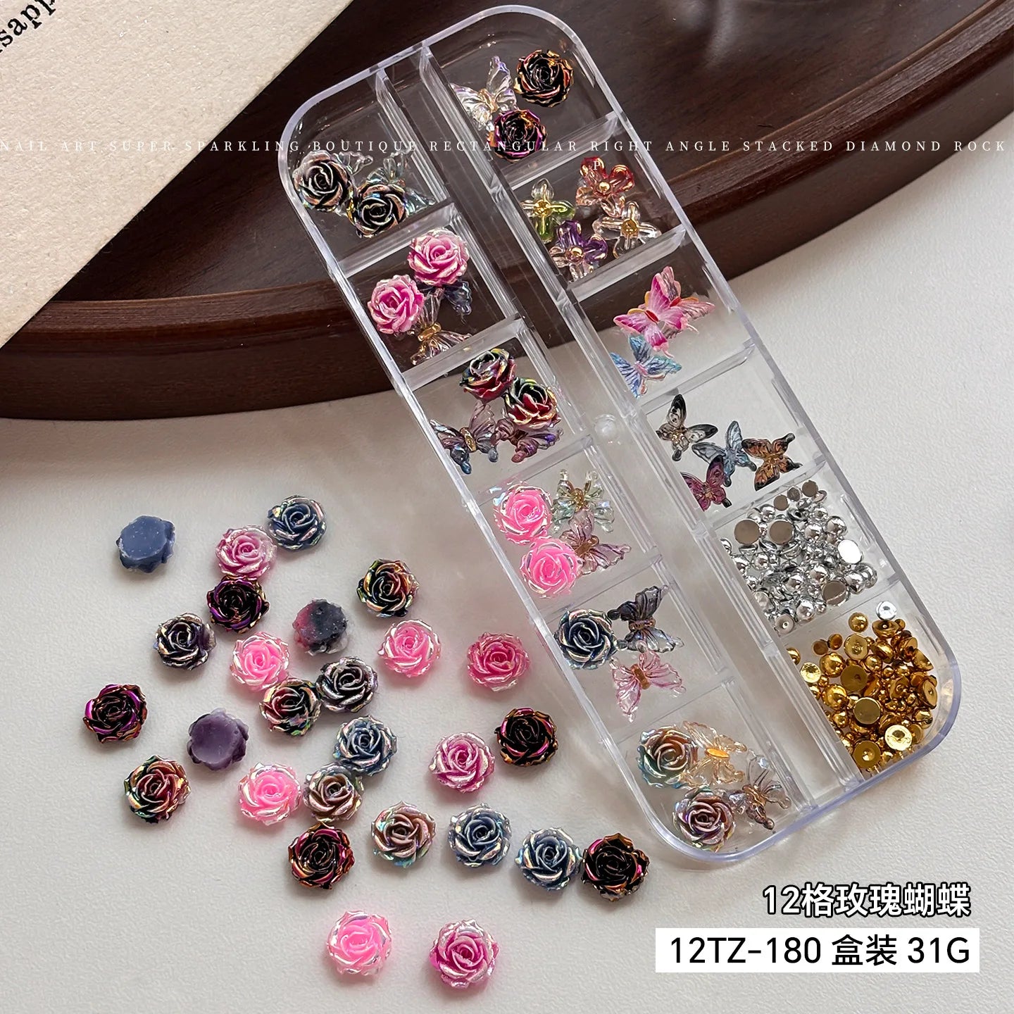 3D Rose Butterfly Nail Charms, Resin Gradient Rose Camellia Flower Insect Flat Back Nail Art Decorations for DIY Press on Nails Qme 12-grid box