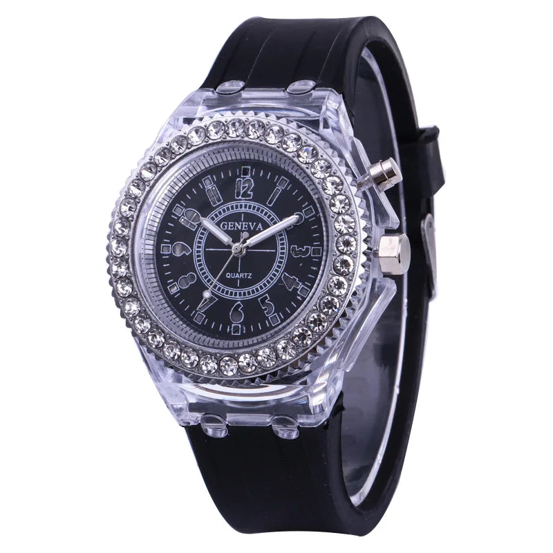 led Flash Luminous Watch Personality trends students lovers jellies woman men's watches 7 color light WristWatch bayan kol saati Qme black
