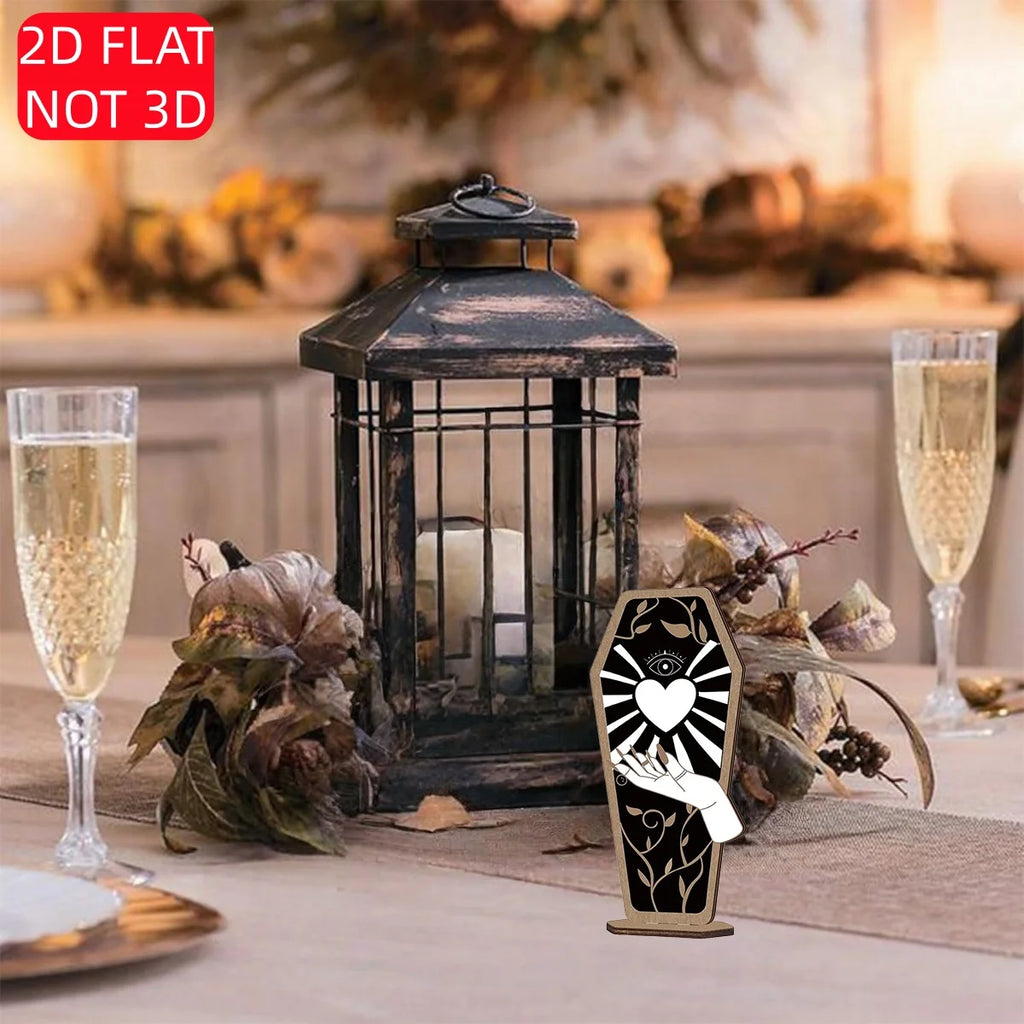 Halloween 2D Flat Wooden Coffin Sign – Gothic Mystic Design with Heart, All-Seeing Eye, and Hand. Perfect for Spooky Home Qme