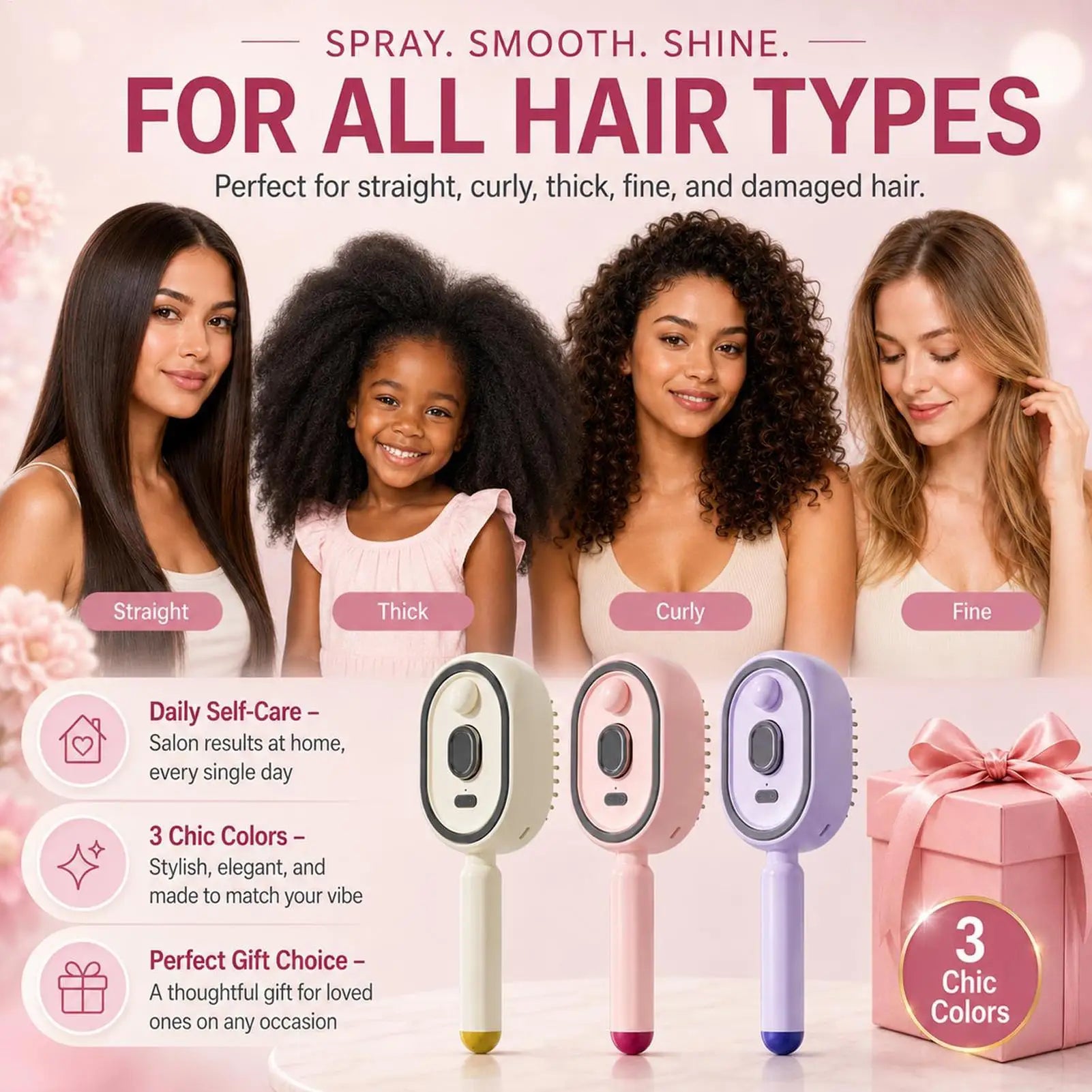 Electric Steam Brush Self-cleaning Anti-static Hair Water Spray Women Qme
