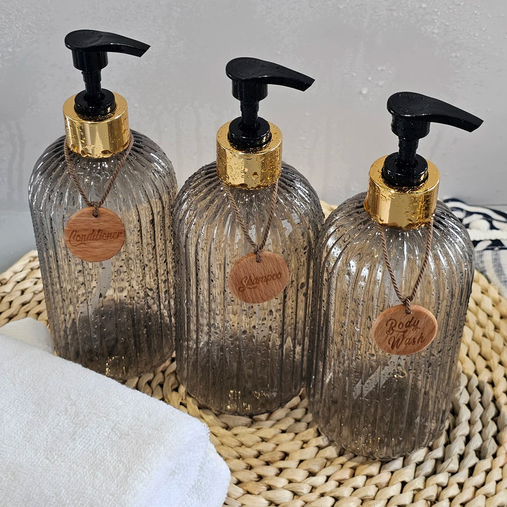 3PCS Elegant Shampoo Conditioner and Body Wash Dispenser Bottle with tags, Ideal for Bathroom Shower Plastic Refillable Bottle Qme
