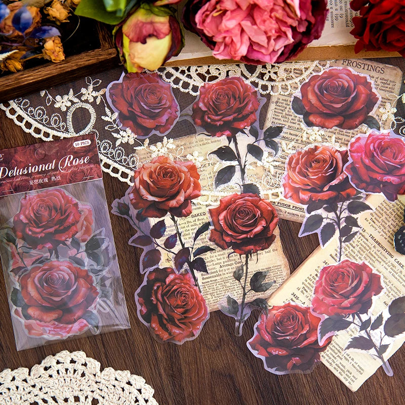 10 pcs/pack Large size rose Stickers Decorative Stick Labels Diary Album Scrapbooking material DIY junk journal supplies Qme