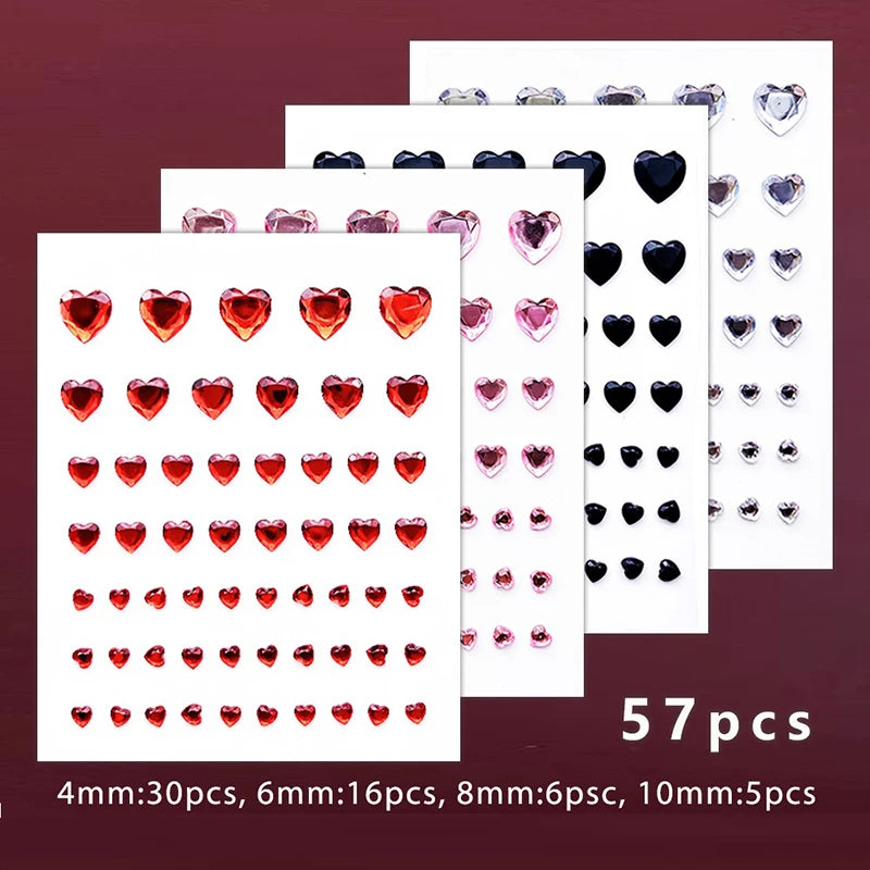 57Pcs/sheet Heart Rhinestone Face Jewels Stickers 3D Multicolor Self-Adhesive Gems For DIY Festival Party Eye & Face Makeup Deco Qme