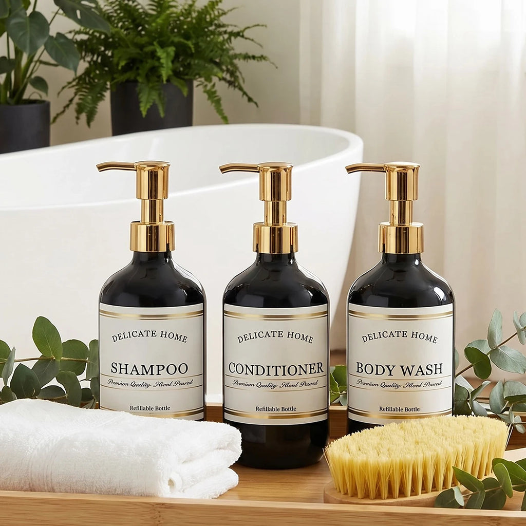 Black Refillable Shower Bottles Set, 3 Pack 16.9oz Plastic Pump Bottles Shower Dispensers for Shampoo Conditioner, Body Wash Qme