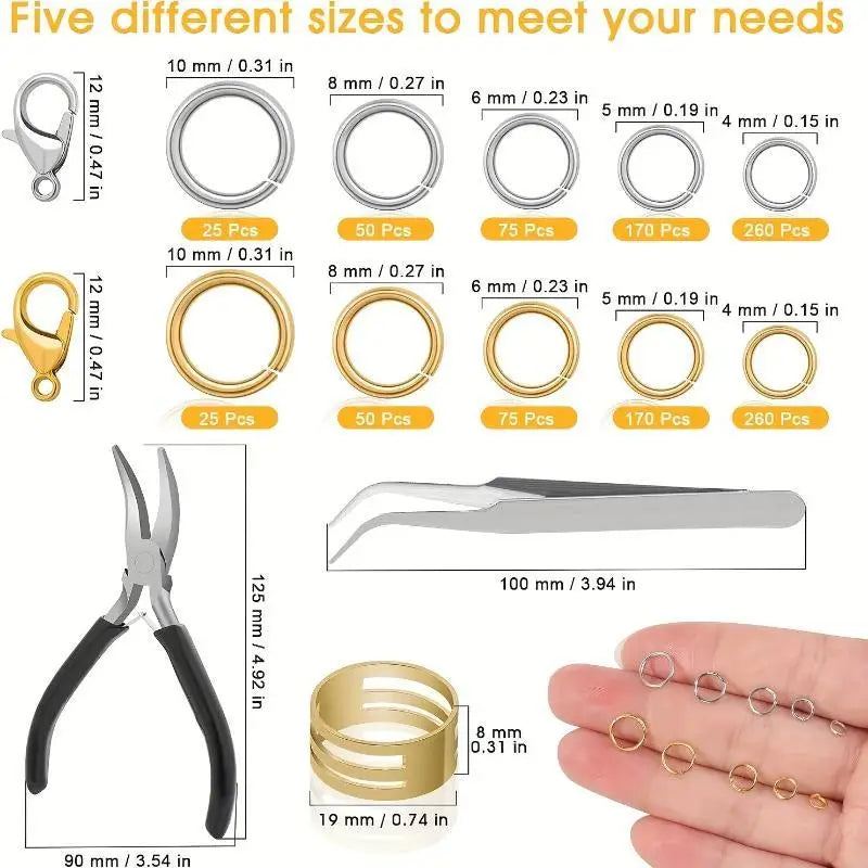 Jump Rings & Tool Kit 1200PCS with Lobster Clasps Pliers Tweezers for Handmade Jewelry Creation Qme