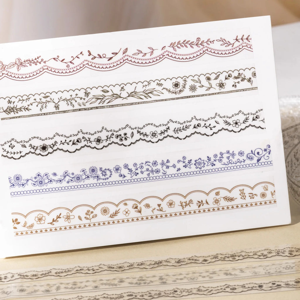 1 Roll Floral Lace Border Theme PET Decorative Washi Tape for DIY Journal, Photo Frame Collage, Scrapbook Material Qme
