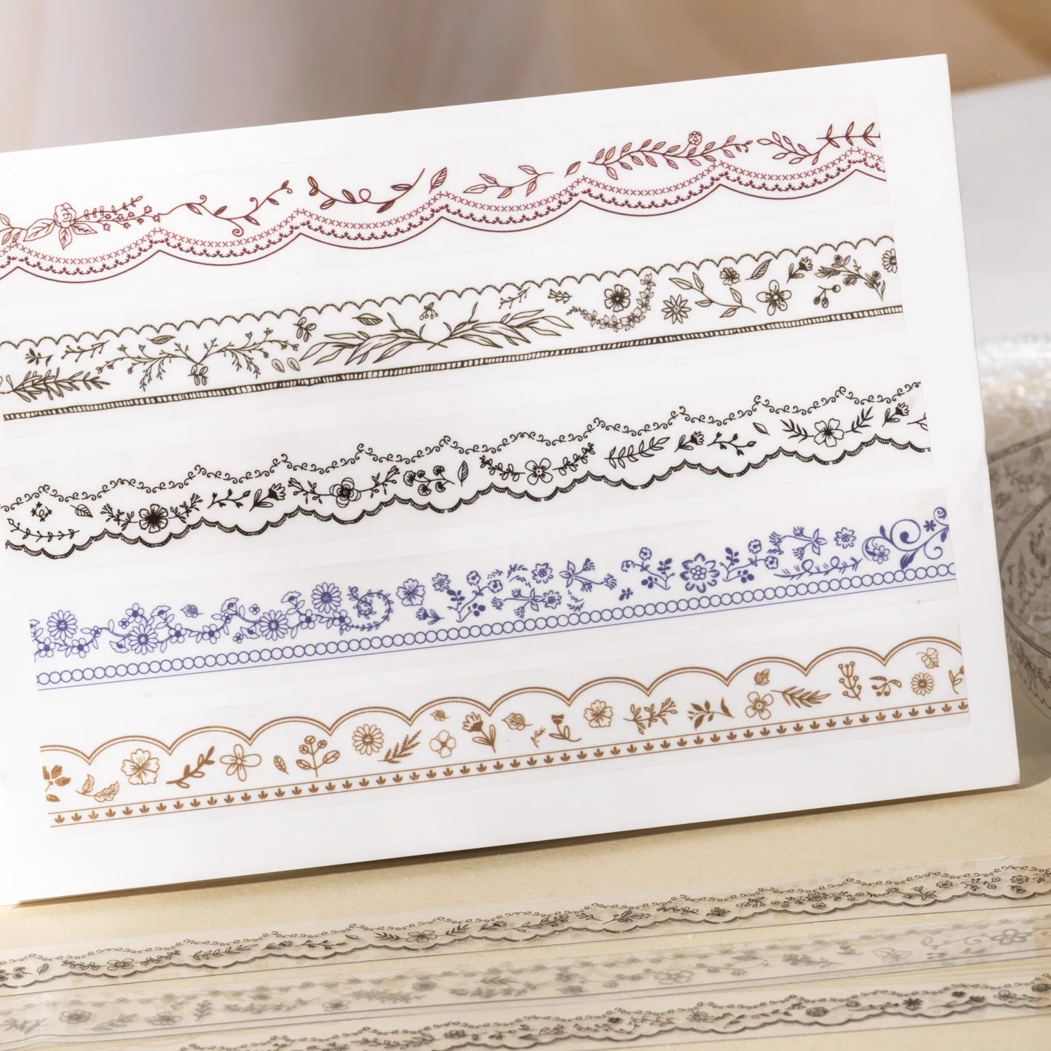 1 Roll Floral Lace Border Theme PET Decorative Washi Tape for DIY Journal, Photo Frame Collage, Scrapbook Material Qme
