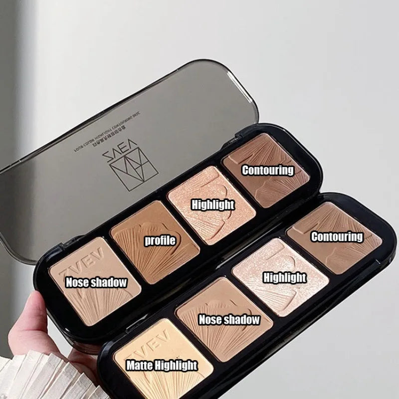 Contour Highlight Palette Silky Blurring Powder for Face Sculpting 4-in-1 Shimmer Matte Long Lasting Makeup Palette Nose Shadow Qme