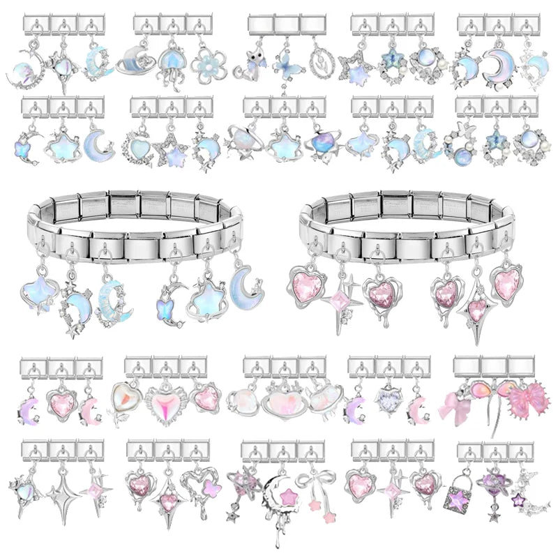 3PCS Pink Zircon Series Heart Shiny CZ Italian Charm Link Fit 9mm Stainless Steel Bracelet Women Men DIY Making Dropshipping Qme