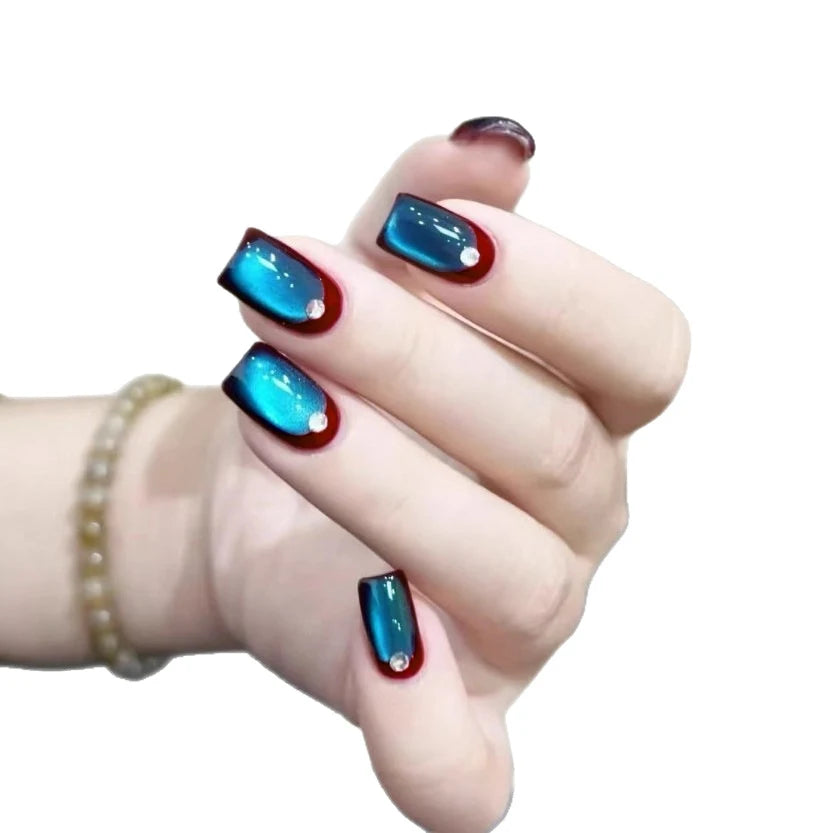 Handmade Short Square Blue Gemstone Amber Fake Nails Wearable False Qme GJ-CDJ-ZB192-M